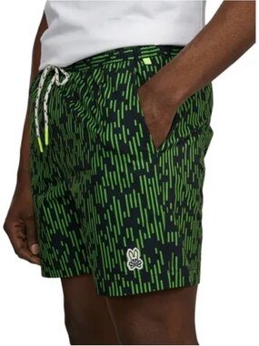 Psycho Bunny Navy Swim Shorts with Neon Green Dash Pattern